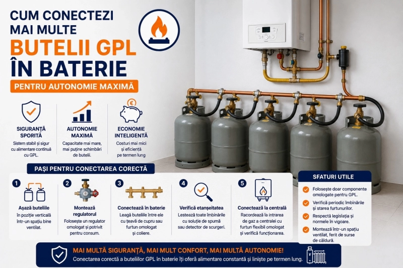 Conectarea mai multor butelii GPL in baterie: functionare, dimensionare si siguranta